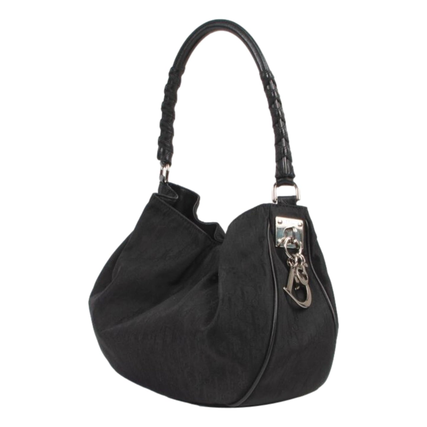 Dior Cannage Black Monogram Canvas Leather Trim Shoulder Bag