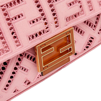 Fendi Baguette FF Motif Embroidered Pink Canvas Shoulder Bag