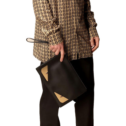 Fendi Bugs Black Calf Leather Gold Metal Wristlet Clutch 7N0110