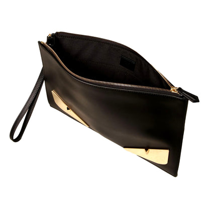 Fendi Bugs Black Calf Leather Gold Metal Wristlet Clutch 7N0110