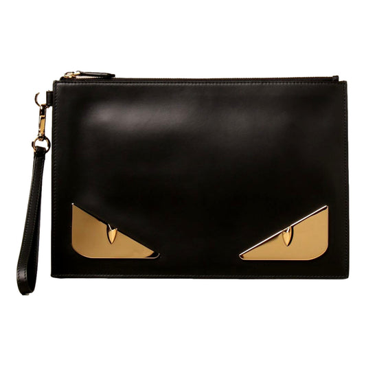 Fendi Bugs Black Calf Leather Gold Metal Wristlet Clutch 7N0110