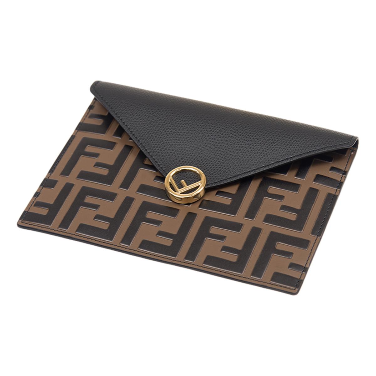 Fendi F is Fendi Black Brown Embossed Leather Flat Pouch 8N0151