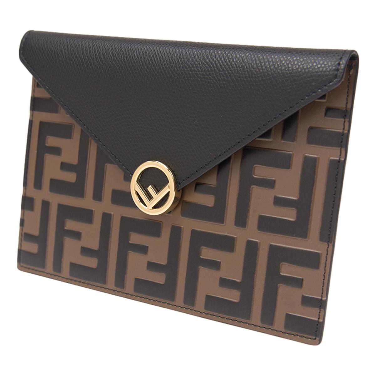 Fendi F is Fendi Black Brown Embossed Leather Flat Pouch 8N0151
