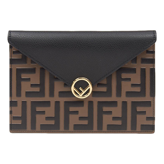 Fendi F is Fendi Black Brown Embossed Leather Flat Pouch 8N0151