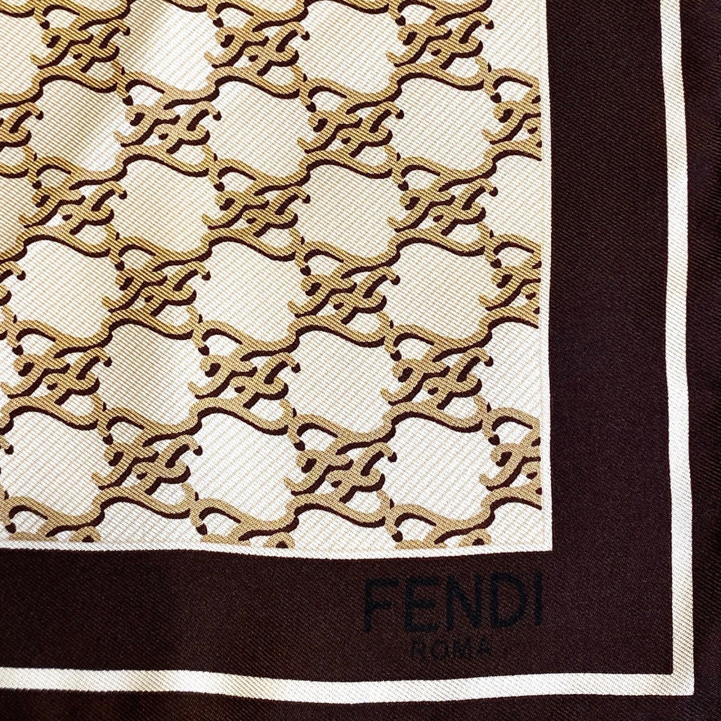 Fendi FF Karligraphy Print Brown and Ivory Silk Scarf 33 cm
