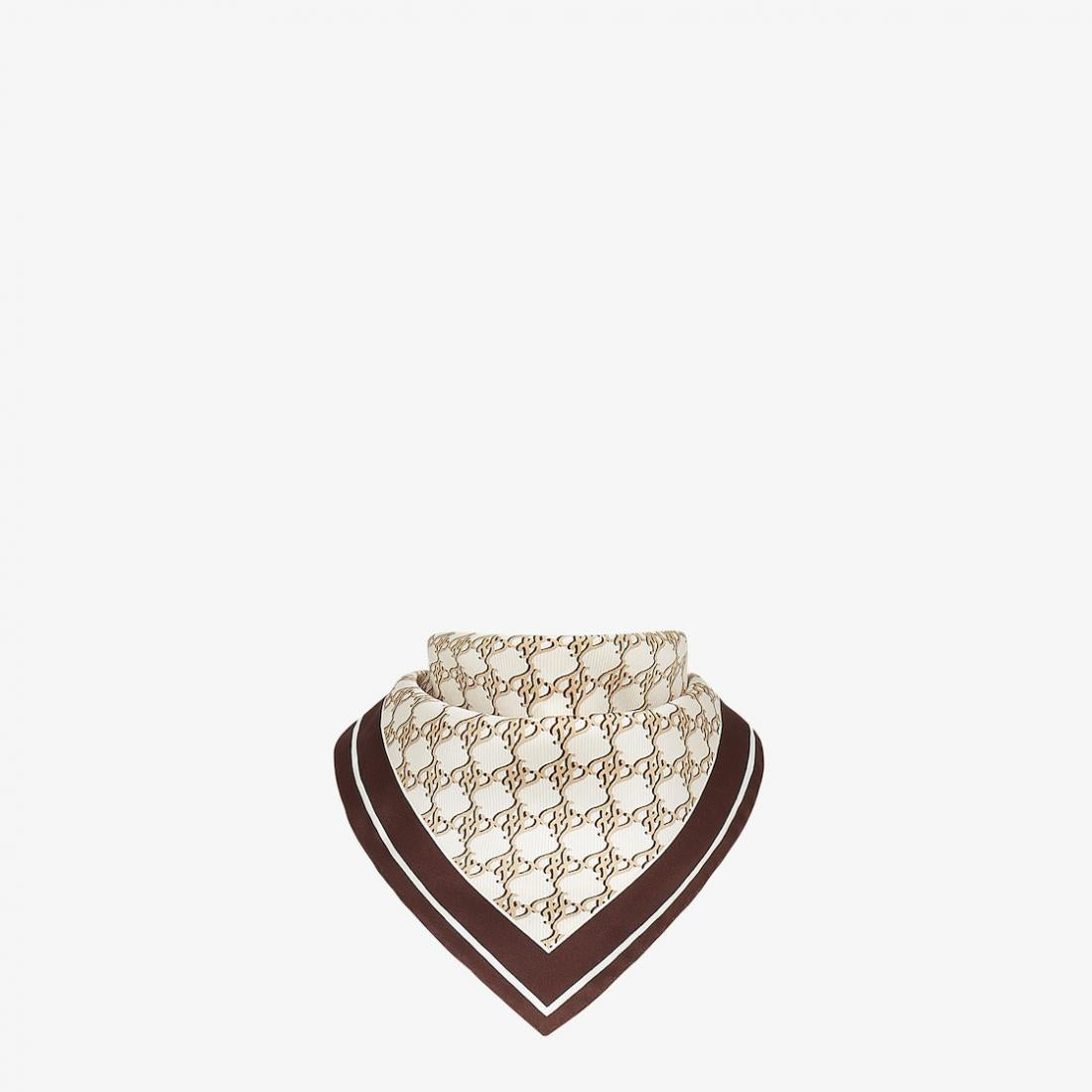 Fendi FF Karligraphy Print Brown and Ivory Silk Scarf 33 cm