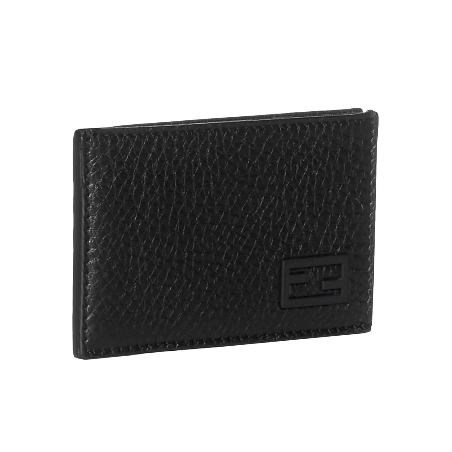 Fendi FF Logo Plaque Black Grain Leather Slim Cardholder Wallet