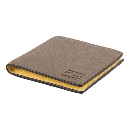 Fendi FF Logo Plaque Tartufo Gray Pebbled Calf Leather Bifold Wallet