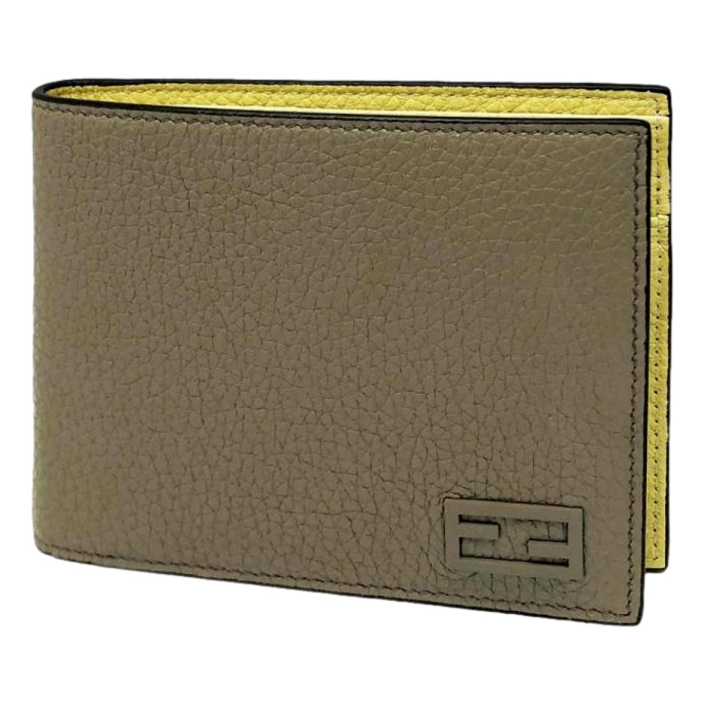 Fendi FF Logo Plaque Tartufo Gray Pebbled Calf Leather Bifold Wallet