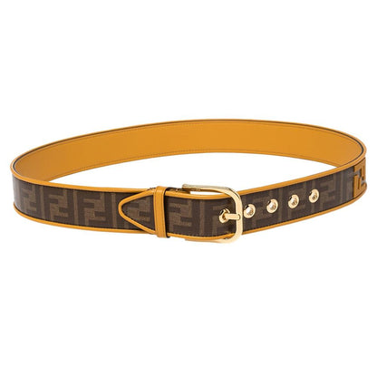 Fendi FF Logo Zucca Brown Yellow Leather Trim Belt 7C0400 Size 100/40