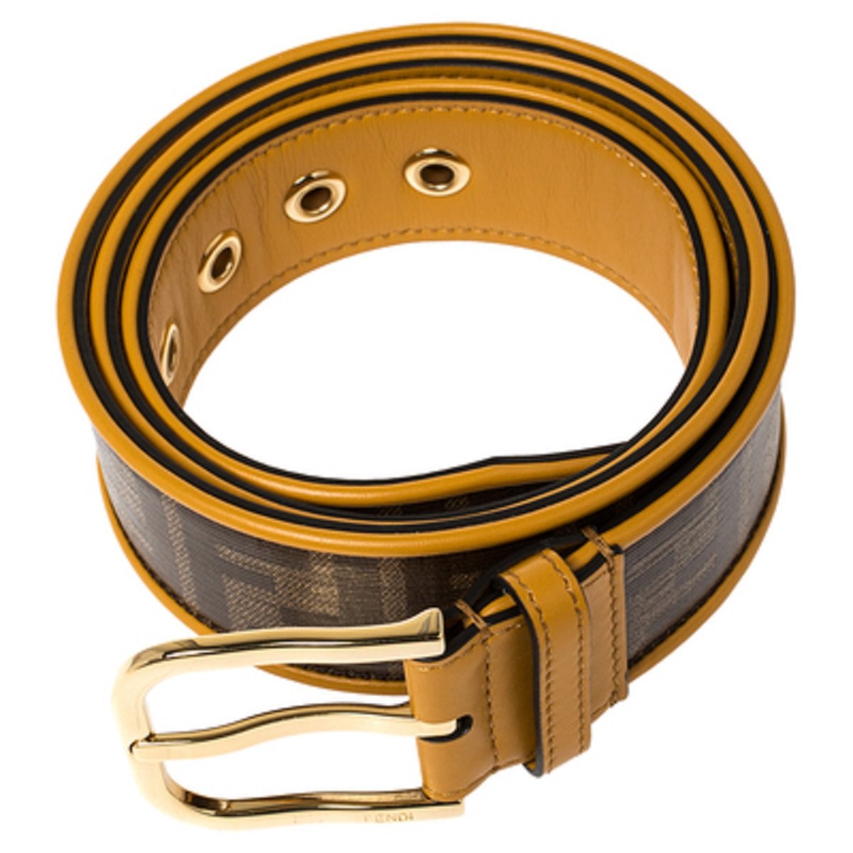 Fendi FF Logo Zucca Brown Yellow Leather Trim Belt 7C0400 Size 100/40