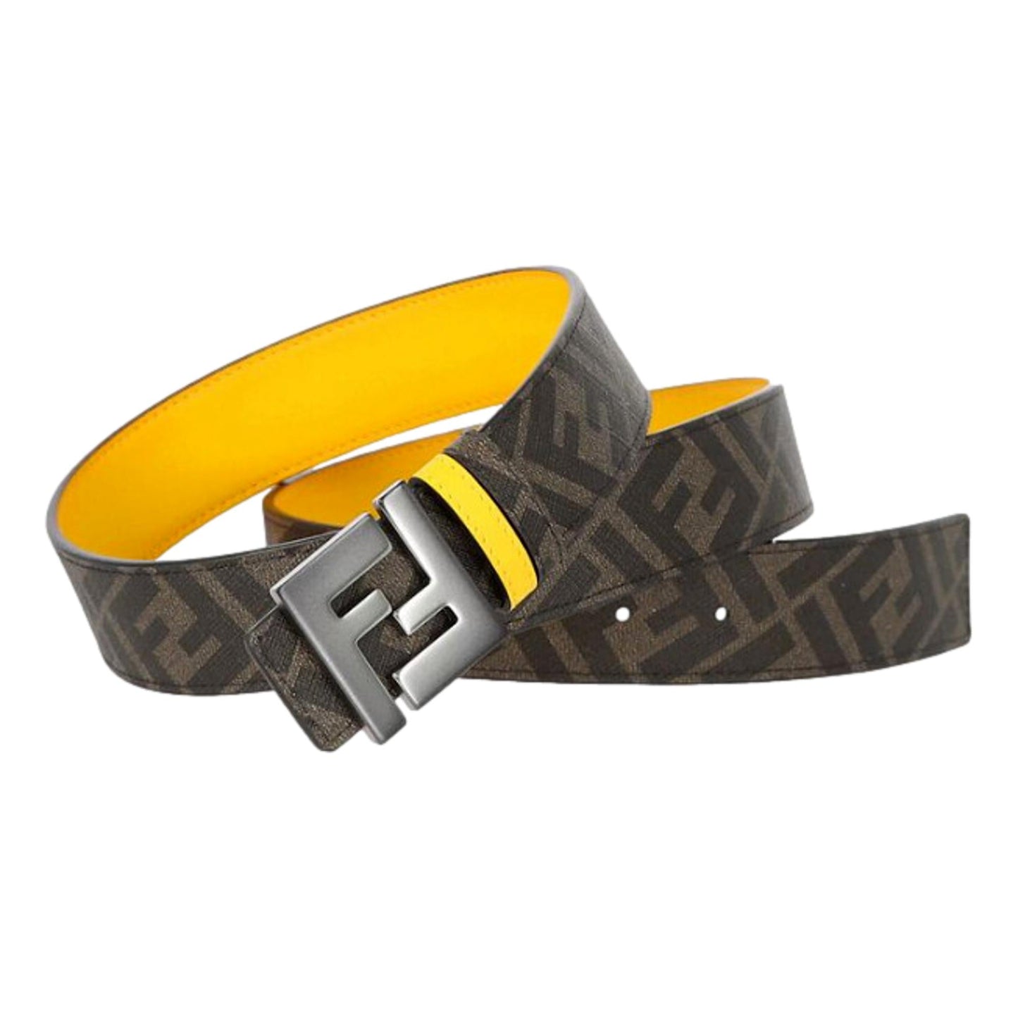 Fendi Mens FF Reversible Yellow Leather and Brown FF Canvas Belt 7C0468 110