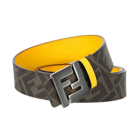 Fendi Mens FF Reversible Yellow Leather and Brown FF Canvas Belt 7C0468 110