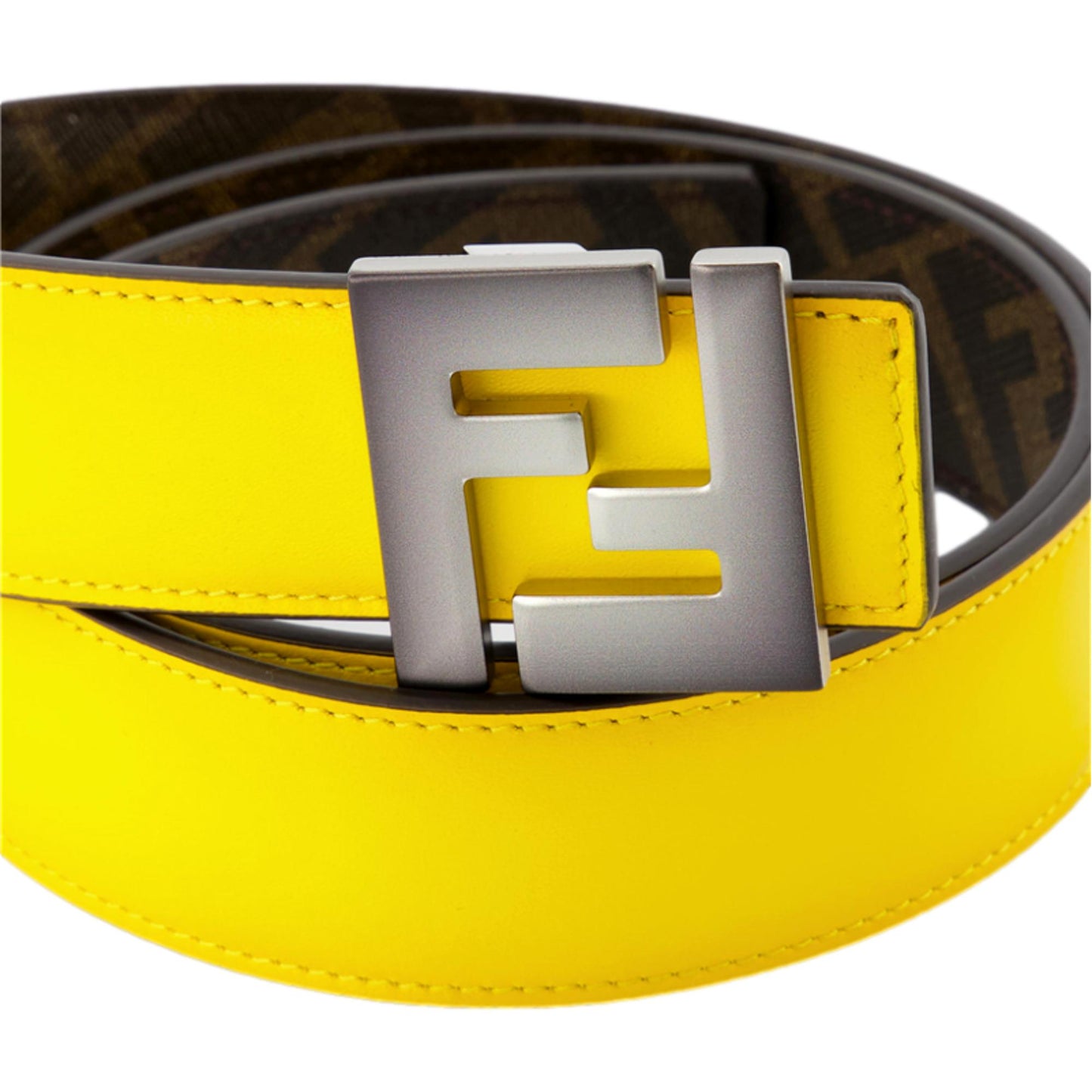 Fendi Mens FF Reversible Yellow Leather and Brown FF Canvas Belt 7C0468 110