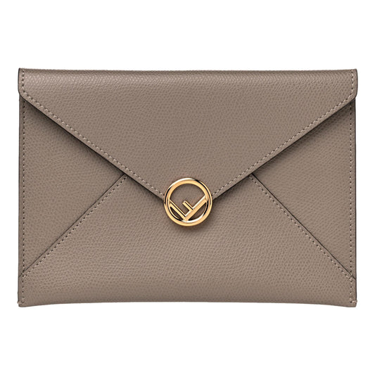 Fendi F is Fendi Gray Pebbled Leather Flat Pouch Clutch Bag