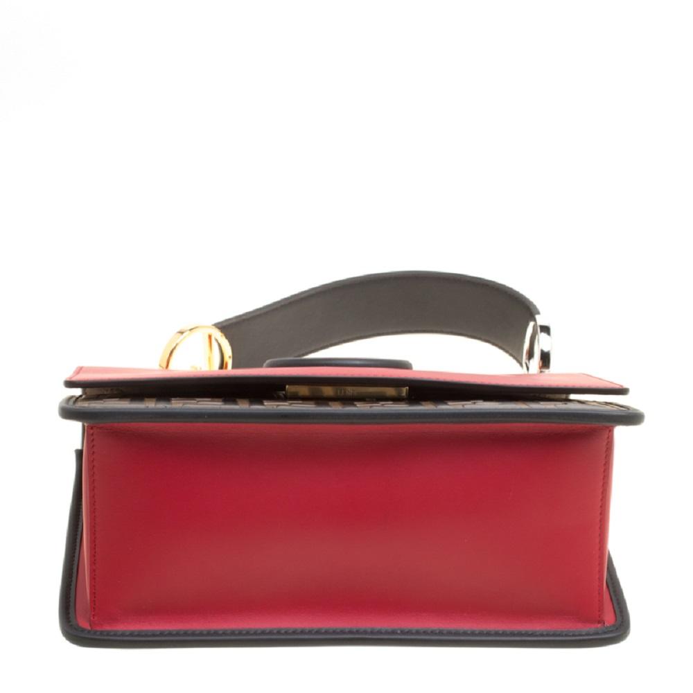 Fendi Kan I F Red Brown Zucca Embossed Leather Shoulder Bag 8BT284
