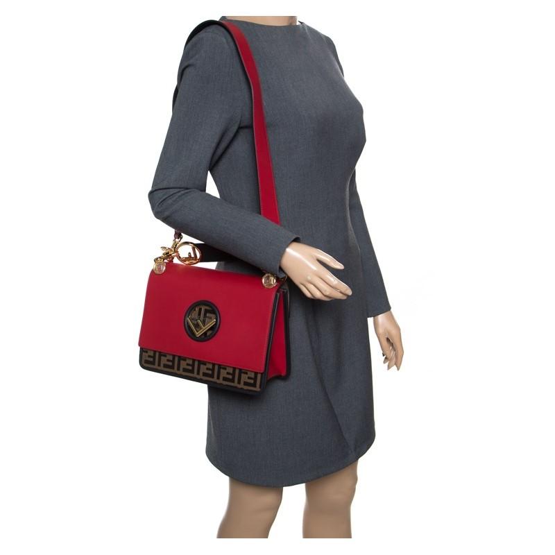Fendi Kan I F Red Brown Zucca Embossed Leather Shoulder Bag 8BT284