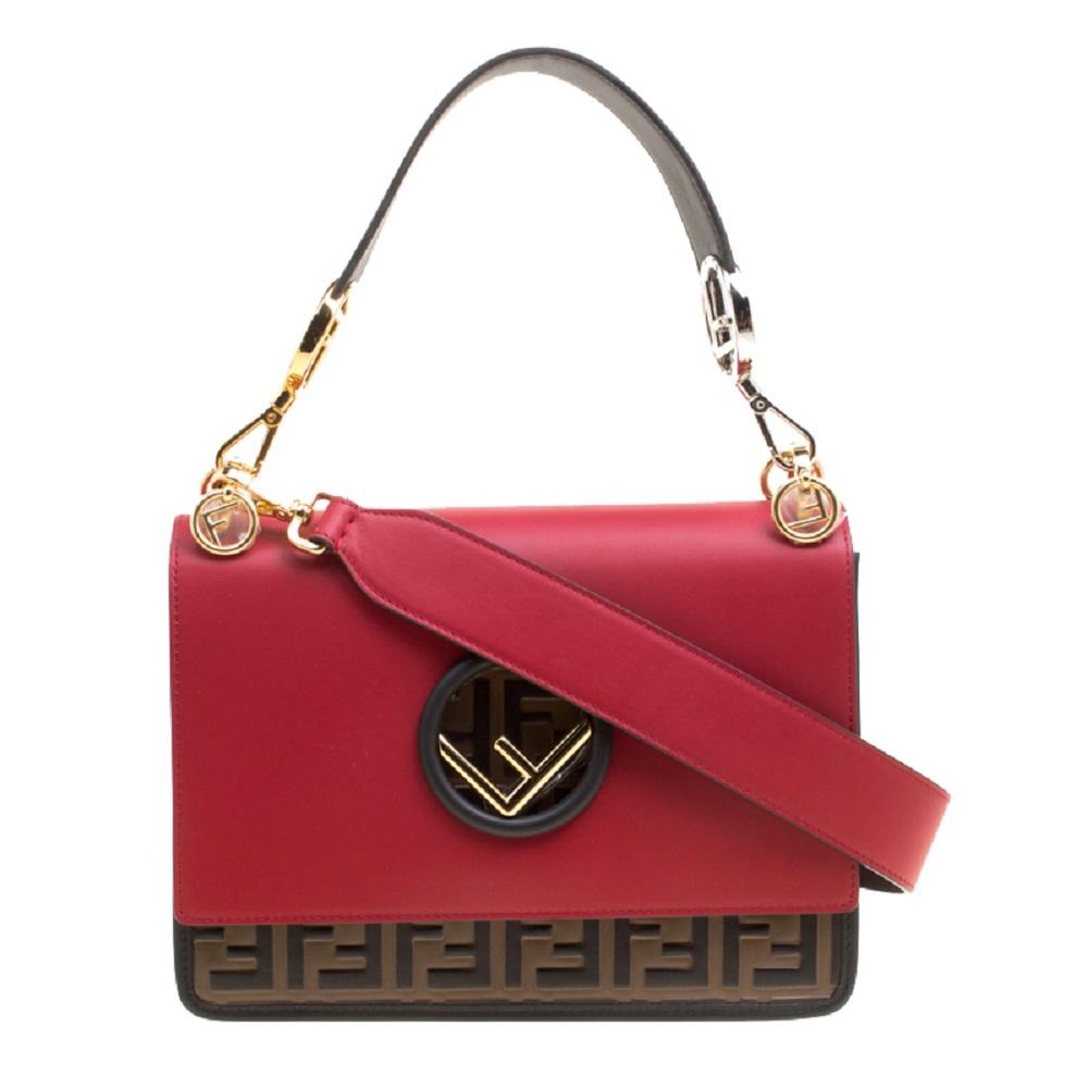 Fendi Kan I F Red Brown Zucca Embossed Leather Shoulder Bag 8BT284