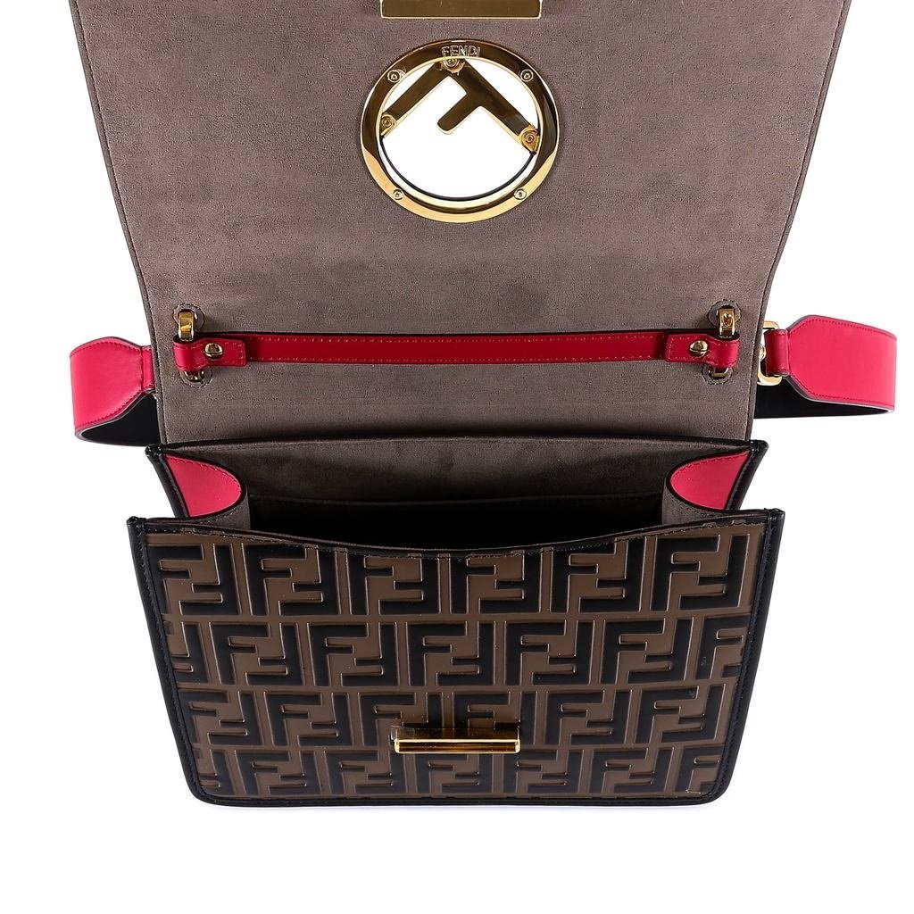 Fendi Kan I F Red Brown Zucca Embossed Leather Shoulder Bag 8BT284