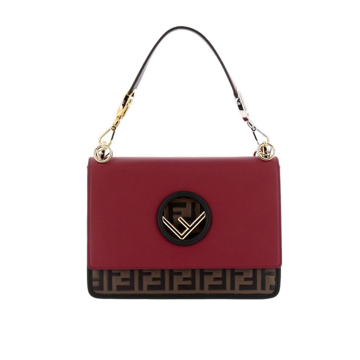 Fendi Kan I F Red Brown Zucca Embossed Leather Shoulder Bag 8BT284