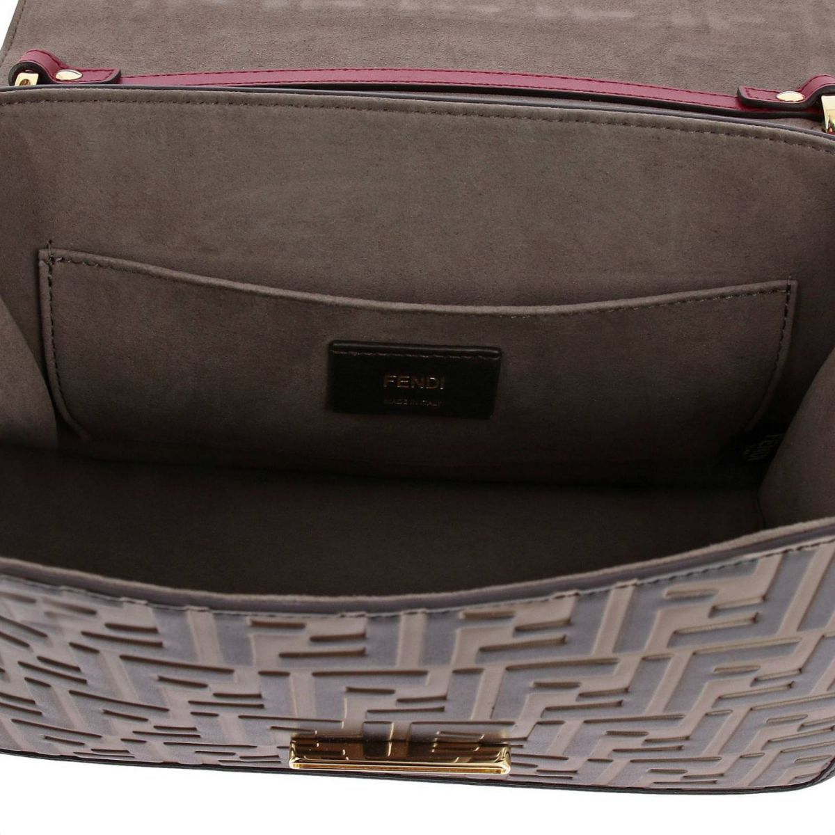 Fendi Kan I F Red Brown Zucca Embossed Leather Shoulder Bag 8BT284