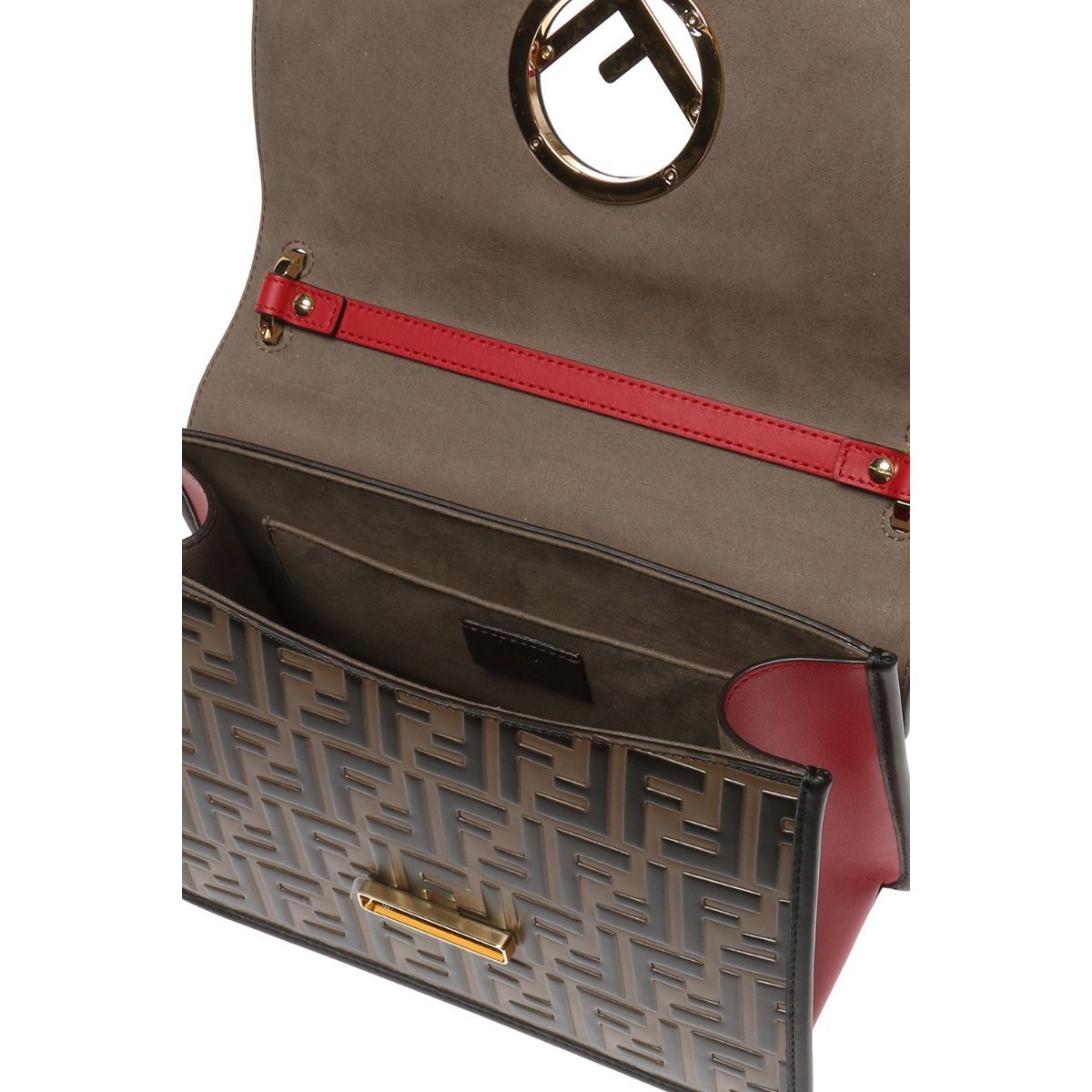 Fendi Kan I F Red Brown Zucca Embossed Leather Shoulder Bag 8BT284