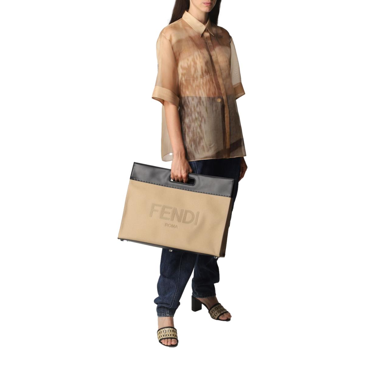 Fendi Logo 2-Way Shopping Tote Canvas and Leather Tote Bag 7VA480