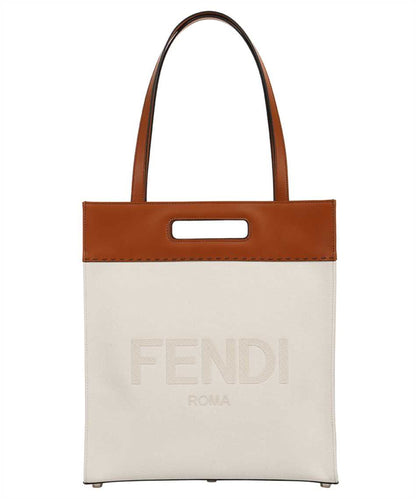 Fendi Roma Brand Embroidered Canvas And Leather Tote Bag