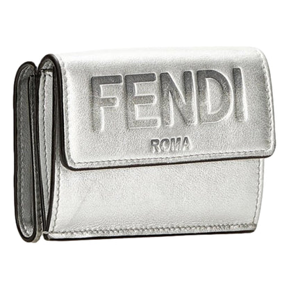 Fendi Roma Silver Metallic Calf Leather Micro Trifold Wallet