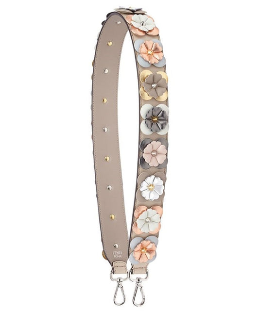 Fendi Shoulder Strap Flowers Grey Taupe Multi Color Calf Leather Embellished