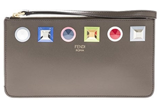 Fendi Rainbow Asphalt Gray Calf Leather Studs Wristlet Wallet