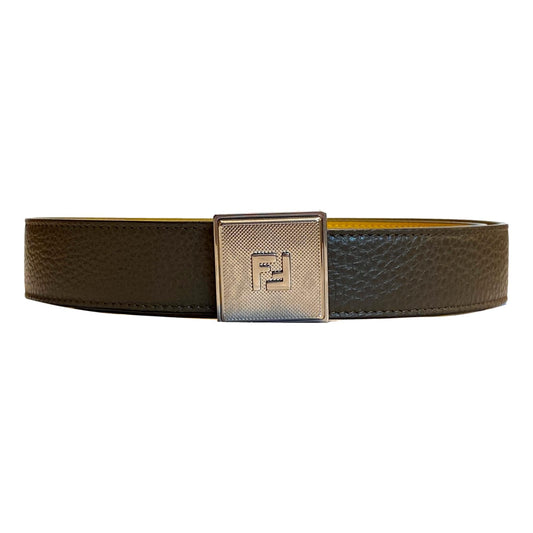 Fendi Mens Yellow Brown Reversible Grained Leather Belt 105