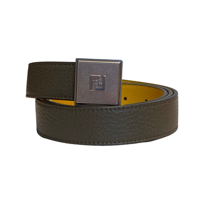 Fendi Mens Yellow Brown Reversible Grained Leather Belt 105
