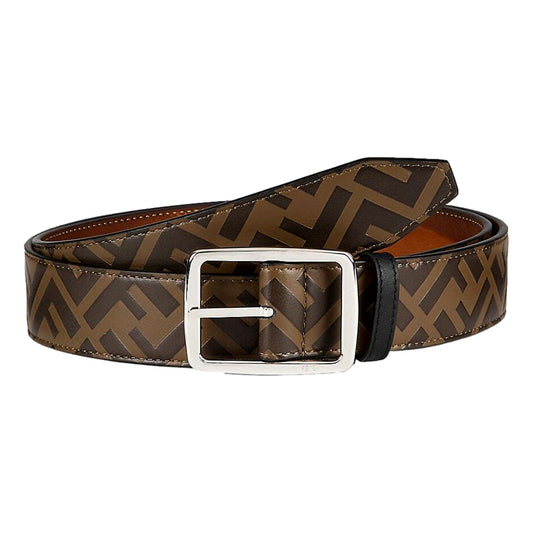 Fendi FF Zucca Monogram Buckle Belt Size 100 Brown Calf Leather Silver