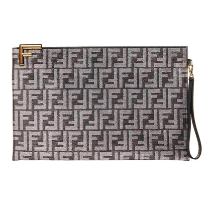 Fendi FF Anthracite Gray Chenille Jacquard Wristlet Clutch Bag