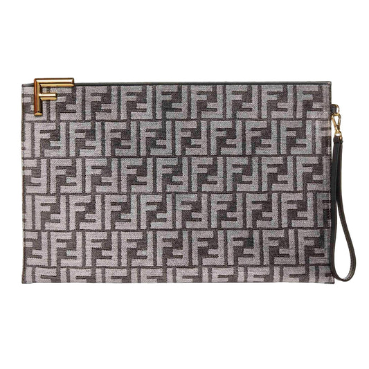 Fendi FF Anthracite Gray Chenille Jacquard Wristlet Clutch Bag