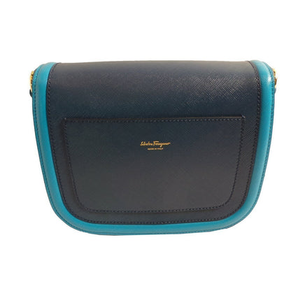 Ferragamo Greta Blue Cross Grain Calf Leather Gancini Crossbody Bag