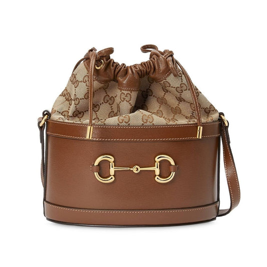 Gucci 1955 Horsebit Monogram Calfskin Drawstring Bucket Bag 602118