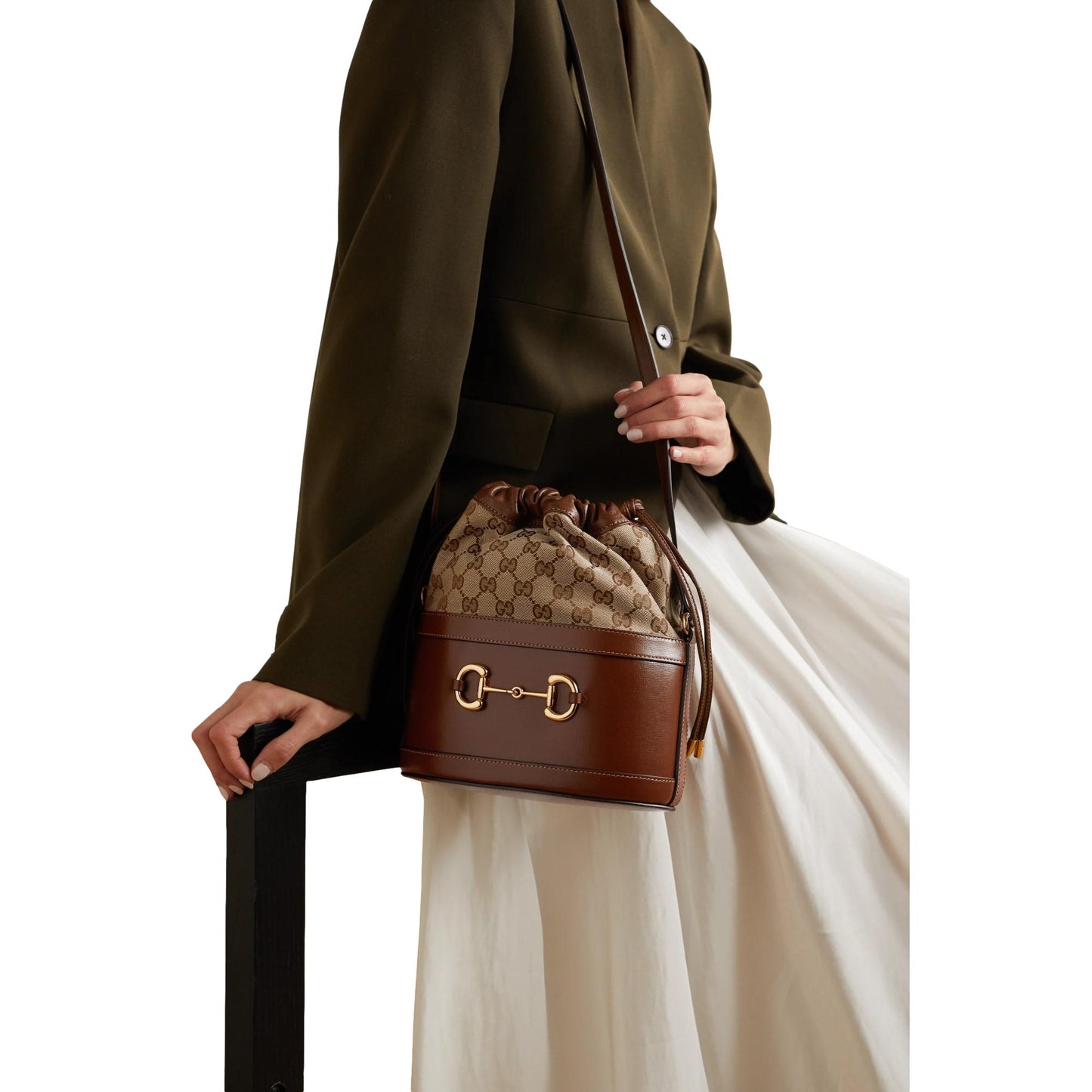 Gucci 1955 Horsebit Monogram Calfskin Drawstring Bucket Bag 602118