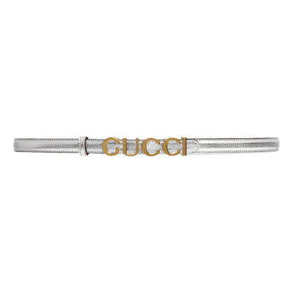 Gucci Silver Leather Belt with Metal Gold Logo Lettering Size 85