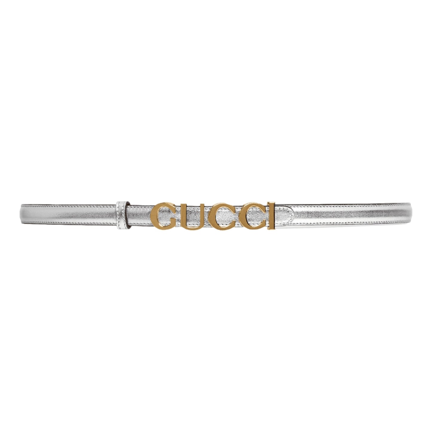 Gucci Silver Leather Belt with Metal Gold Logo Lettering Size 70