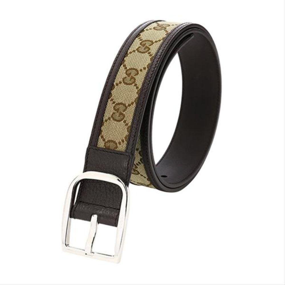 Gucci Mens GG Brown and Beige Size 36/90 Canvas Leather Trim Belt