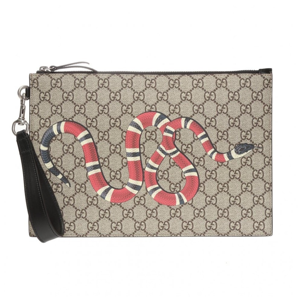 Gucci Bestiary Kingsnake GG Supreme Canvas Wristlet Pouch Bag 473904