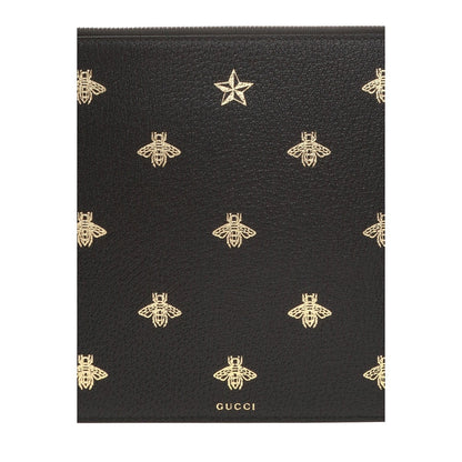 Gucci Black Leather Bee Star Motif Gold Pouch Wristlet Bag 495066