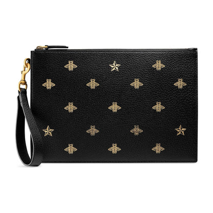 Gucci Black Leather Bee Star Motif Gold Pouch Wristlet Bag 495066