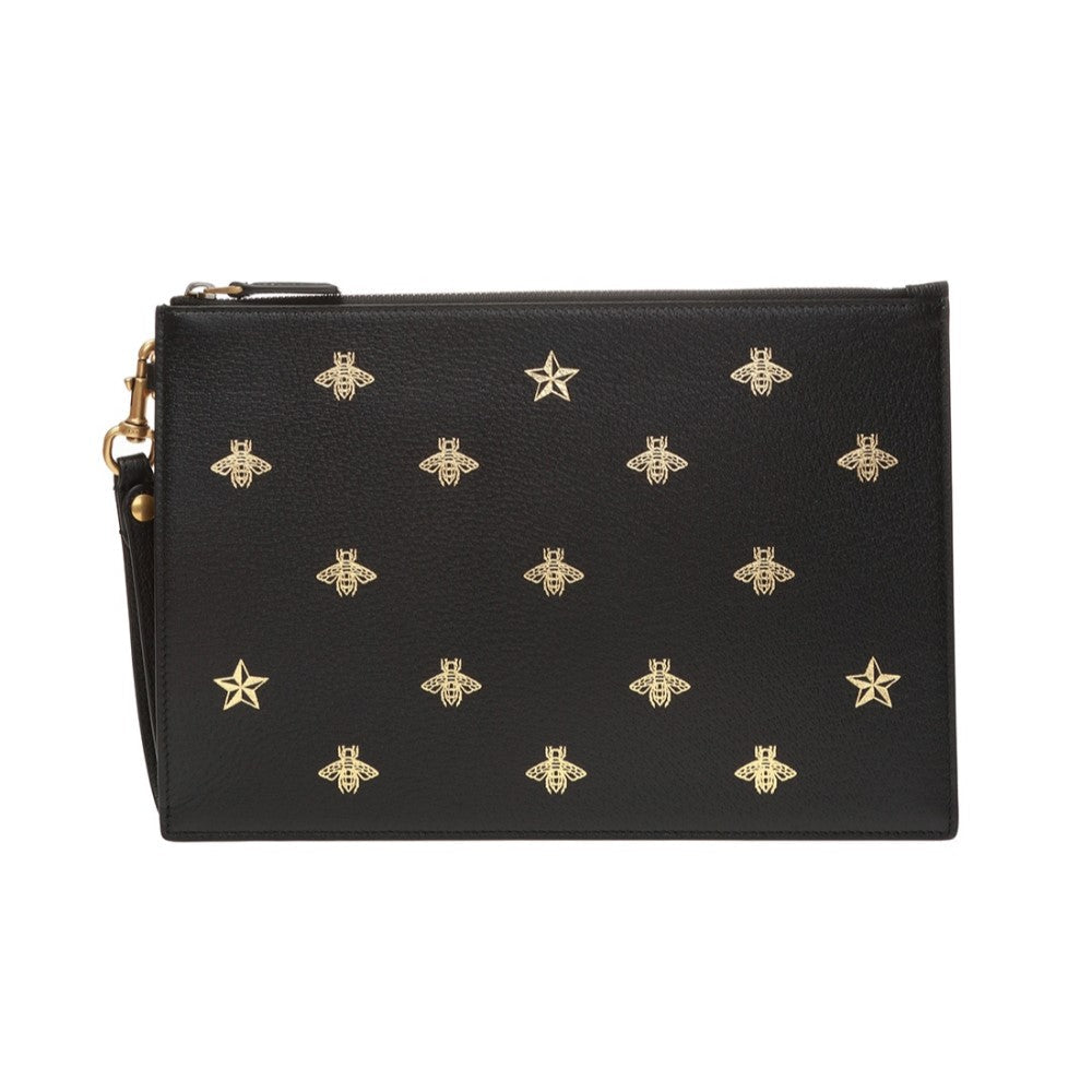 Gucci Black Leather Bee Star Motif Gold Pouch Wristlet Bag 495066