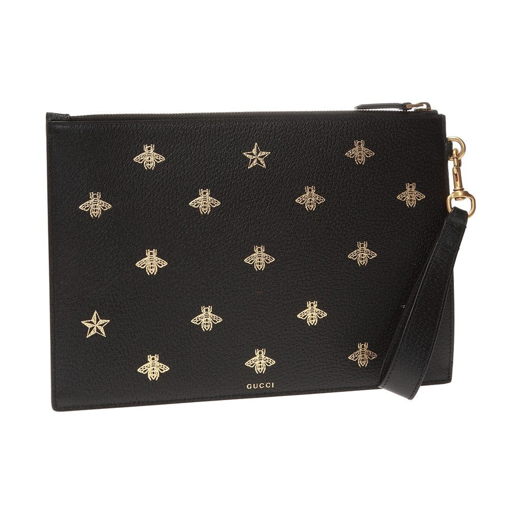 Gucci Black Leather Bee Star Motif Gold Pouch Wristlet Bag 495066