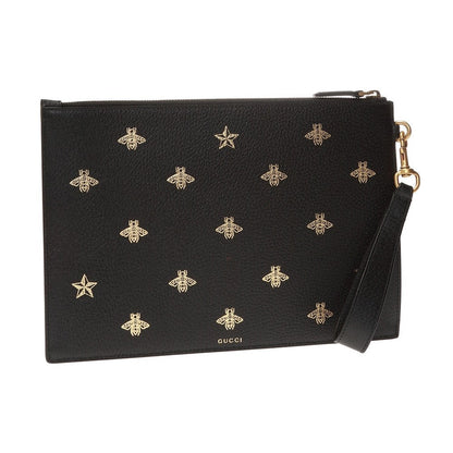 Gucci Black Leather Bee Star Motif Gold Pouch Wristlet Bag 495066