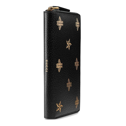 Gucci Bee Star Black Leather Continental Zip Around Wallet 495062