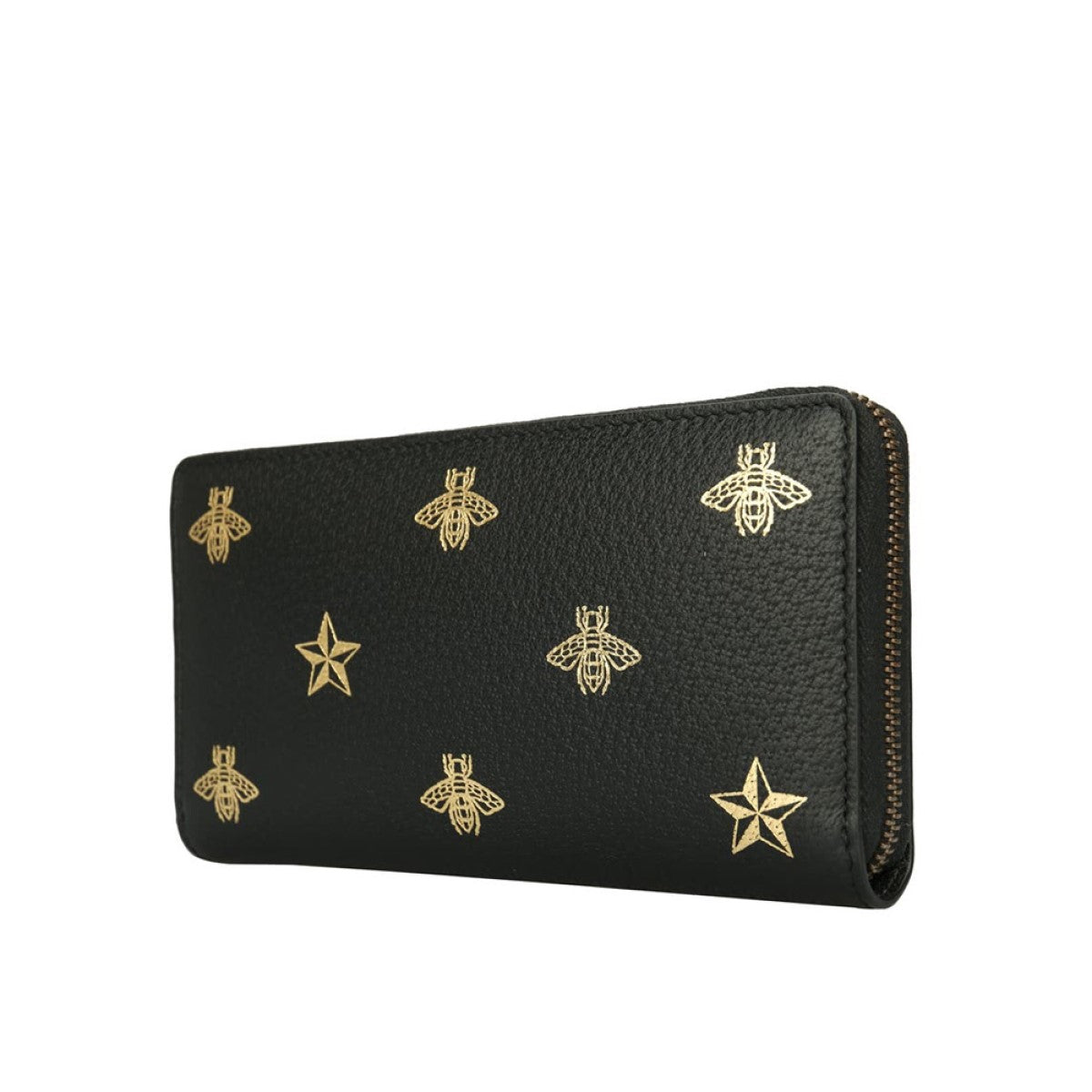 Gucci Bee Star Black Leather Continental Zip Around Wallet 495062
